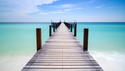 muelle de madera que se extiende directamente hacia el horizonte, sumergiéndose en un mar de un llamativo color turquesa.