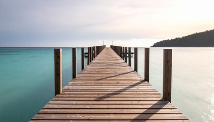Naklejka premium muelle de madera que se extiende directamente hacia el horizonte, sumergiéndose en un mar de un llamativo color turquesa.