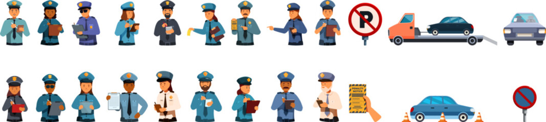 Parking inspector icons set. Police officers performing various duties, including writing tickets, directing traffic, and towing illegally parked cars