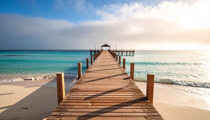 Obraz premium muelle de madera que se extiende directamente hacia el horizonte, sumergiéndose en un mar de un llamativo color turquesa.