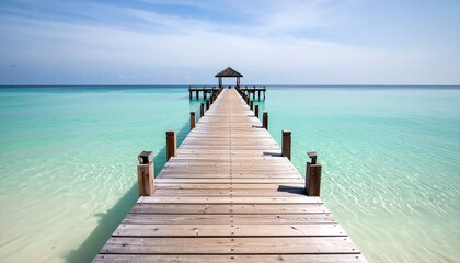 Naklejka premium muelle de madera que se extiende directamente hacia el horizonte, sumergiéndose en un mar de un llamativo color turquesa.