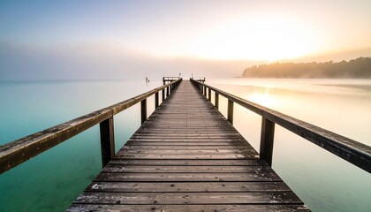Obraz premium muelle de madera que se extiende directamente hacia el horizonte, sumergiéndose en un mar de un llamativo color turquesa.