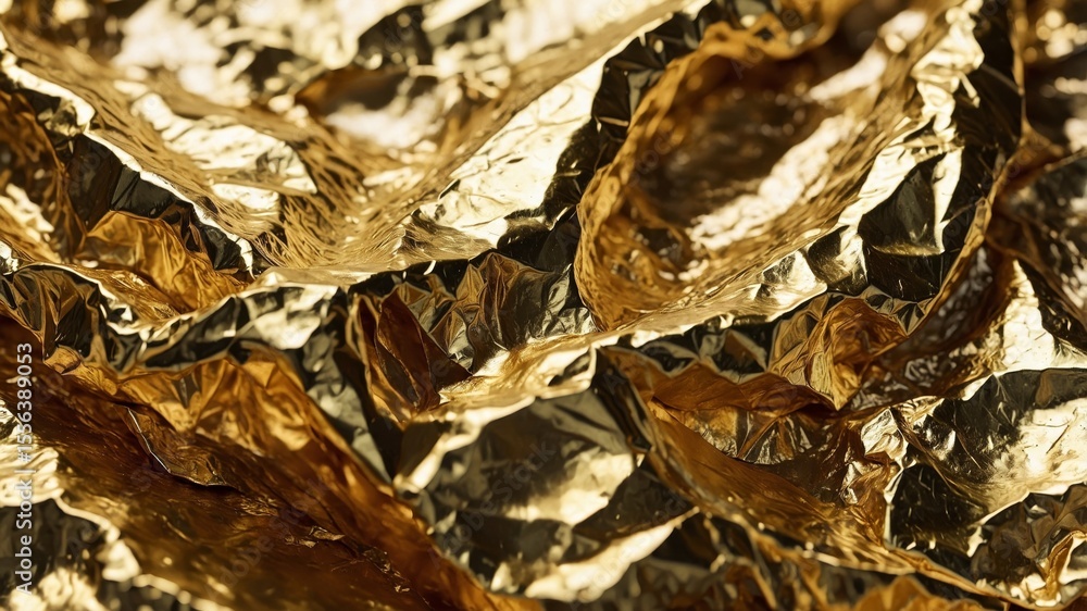 Poster Texture of Shiny Crumpled Gold Foil Displaying Intricate Patterns and Reflections Under Bright Lighting Conditions in a Close-Up View for Creative Design
