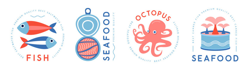 Set of modern seafood logo, label or emblem design with fish, canned red fish and octopus. Vector illustration