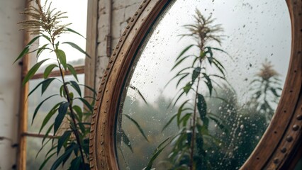 Mirror with spots of silver loss — faded reflection of plant in background