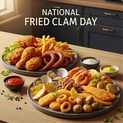 Delicious National Fried Clam Day Feast Featuring Assorted Fried Foods, Seafood, and Various Dipping Sauces Displayed