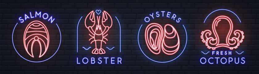 Set of neon seafood signs, logos, labels or emblems  with salmon, lobster, oysters and octopus. Vector illustration © annbozhko