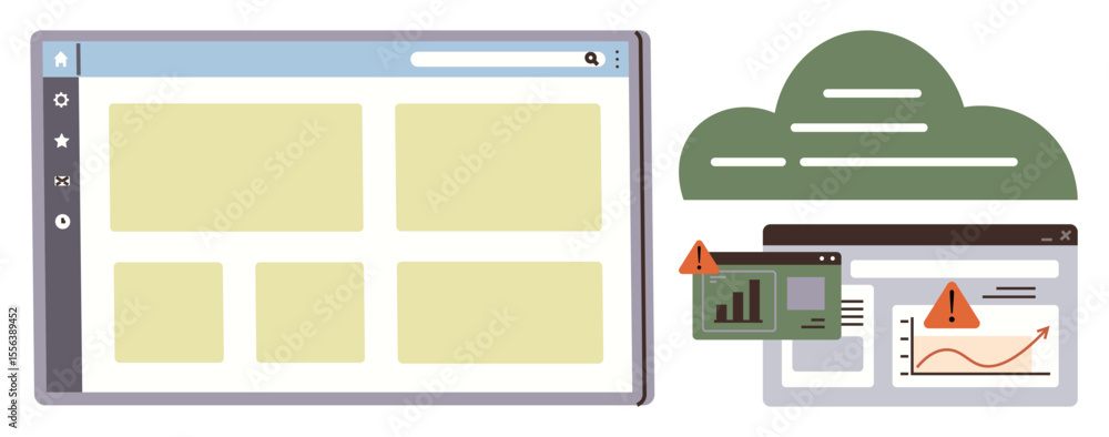Poster open browser windows with analytics dashboards, cloud shape, alert icons, graphs. ideal for data man