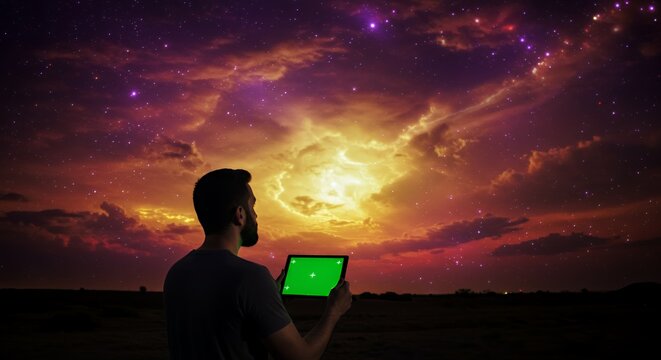 Man gazes at a vibrant nebula, holding a tablet with a green screen, under a breathtaking night sky.