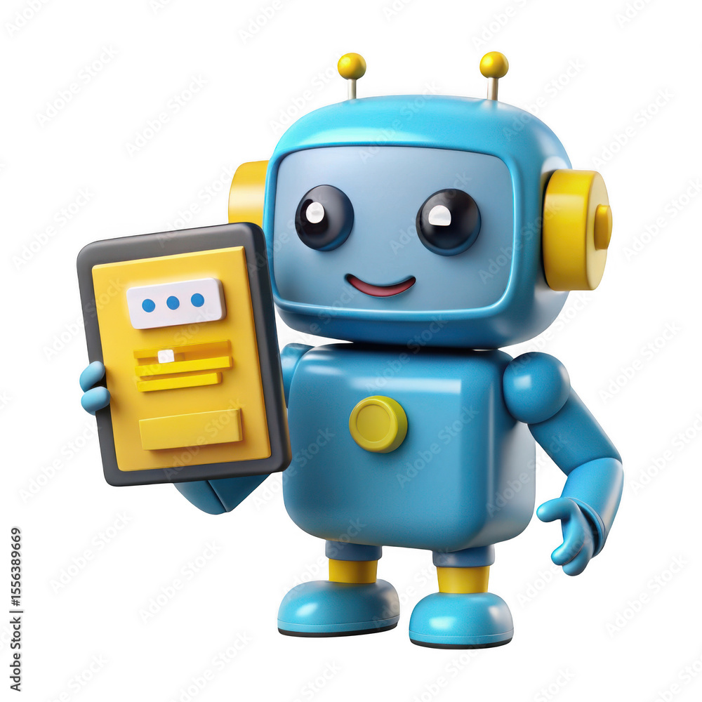 Poster friendly blue robot character holding a tablet with digital information isolated on transparent back