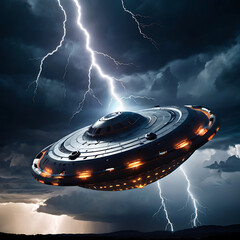 An abstract flying saucer emerging from a swirling vortex in the sky, surrounded by lightning and glowing energy fields, high contrast, science fiction style