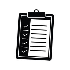 Black and white clip board with check marks and lines icon
