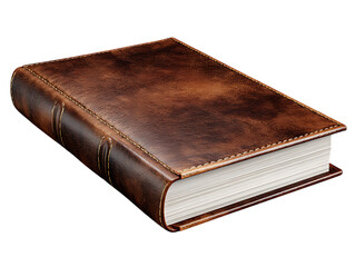 Obraz premium Vintage brown leather bound book with gold stitching and blank pages isolated on transparent background