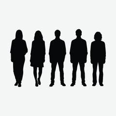silhouettes of casually dressed young adults in a row on a white background. Simple, stylized vector graphic perfect for design, posters, and illustration use.