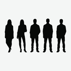 silhouettes of casually dressed young adults in a row on a white background. Simple, stylized vector graphic perfect for design, posters, and illustration use.