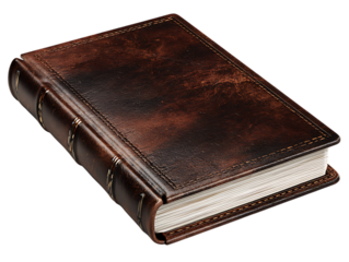 Antique leather bound book with embossed spine and stitched edges isolated on transparent background