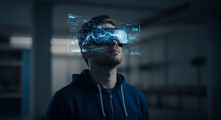 Futuristic Vision: Young Man Immersed in Holographic Data Stream