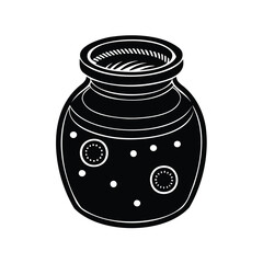 Stylized black and white jar illustration with circular design elements