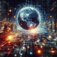 Obraz premium A symbolic and abstract image representing the internet and global connectivity. Features digital networks, glowing data streams, and futuristic cityscapes, evoking themes of technology and communicat