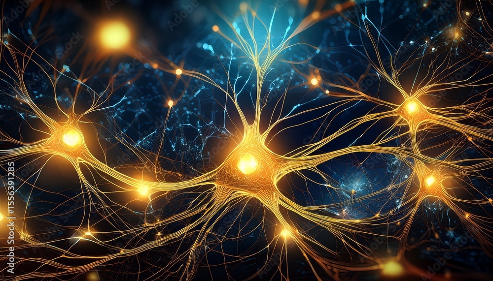Poster glowing neural network design with radiant gold neurons and intricate web structure in digital conce