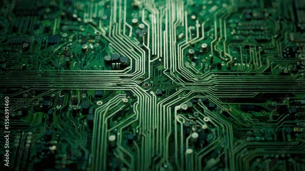 Poster intricate green circuit board close-up showcasing complex pathways and electronic components under s
