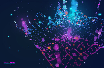 Abstract landscape of glowing data particles forming deformed surface with neon bar charts. Ideal for fintech presentations, AI reports, crypto analytics dashboards. Neon colored vector background