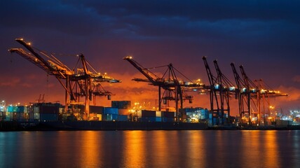 Obraz premium Industrial Waterfront at Twilight With Illuminated Cranes and Containers Reflecting in the Water