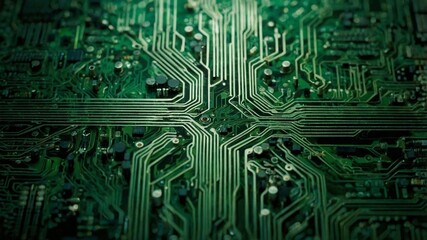 Intricate Green Circuit Board Close-Up Showcasing Complex Pathways and Electronic Components Under Soft Lighting