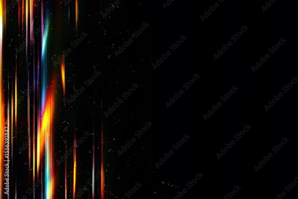 Poster a dark background with colorful light streaks on the left side of it. the streak lights have an abst