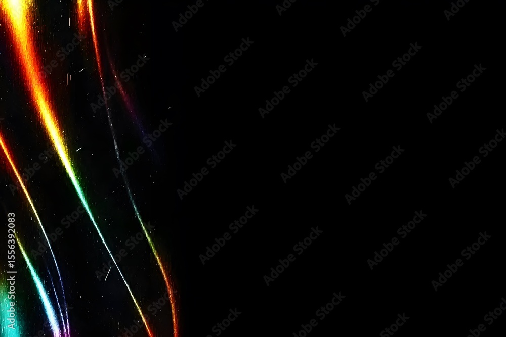 Poster a dark background with colorful light streaks on the left side of it. the streak lights have an abst