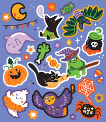 Print design. Spooky season with cartoon funny characters. Vector illustration