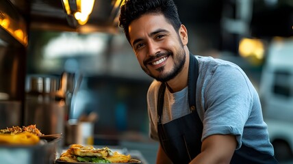 Happy Food Vendor Working at Street Stall
