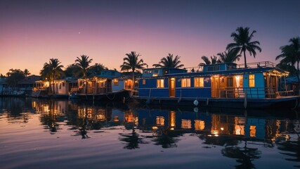 Fototapeta premium Beautiful Houseboats Illuminated Along the Tranquil Waterway at Dusk With Palm Trees Silhouetted Against a Colorful Sky