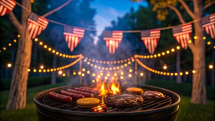 Barbecue grill with hot dogs, burgers, and corn under patriotic bunting at twilight outdoor party