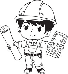 Cute cartoon engineer or architect character wearing a hard hat and holding blueprints. This black and white vector illustration is perfect for themes related to construction, architecture, building.
