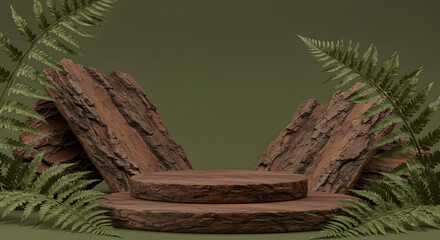 Natural wood pedestal display surrounded by lush green ferns