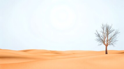 Naklejka premium Minimalist Desert Landscape with Single Tree and Sand Dunes – Isolated Nature Scene of Arid Environment
