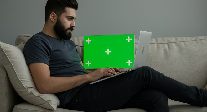 Focused young man works on laptop with vibrant green screen, comfortably seated on a beige couch.