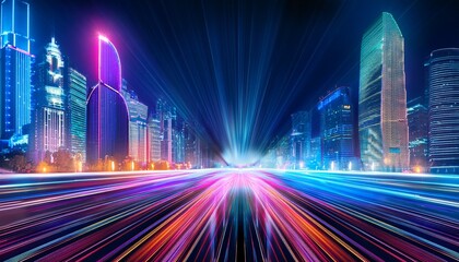 Fototapeta premium abstract neon urban nightscape digital display with vibrant led lights in city with futuristic technology concept art deco style colorful gradients for modern design prints and posters