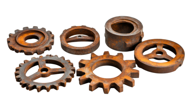 Set of rusty old cog wheels cut out showcasing vintage mechanical parts on white background