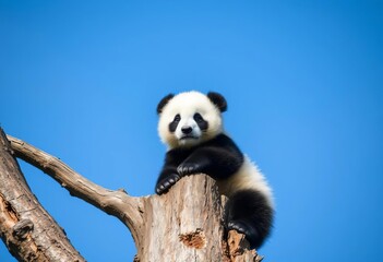 Fototapeta premium Fluffy panda cub ascends a tree trunk against a bright blue sky, wild animal, fun