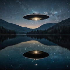 A single classic saucer-shaped UFO reflecting the stars as it floats over a still mountain lake, perfect mirror reflection on the water, peaceful yet eerie