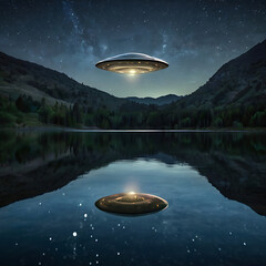 A single classic saucer-shaped UFO reflecting the stars as it floats over a still mountain lake, perfect mirror reflection on the water, peaceful yet eerie