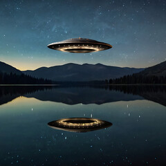 A single classic saucer-shaped UFO reflecting the stars as it floats over a still mountain lake, perfect mirror reflection on the water, peaceful yet eerie
