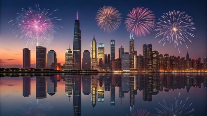 Vibrant fireworks lighting up night city skyline with glowing buildings and colorful bursts for festive urban celebration