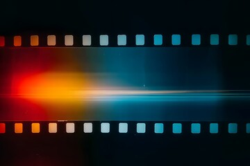Obraz premium A blank film strip with white frames on dark background. The left side of the frame is illuminated by red light, and the right part has a gradient from blue to yellow color. 