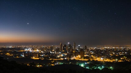 Naklejka premium City Skyline Illuminated by Lights at Night With a Starry Sky Visible, Showcasing a Vibrant Urban Environment