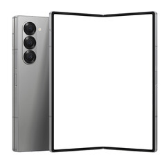 Photo of foldable smartphone similar to android device without background. Silver shadow color....