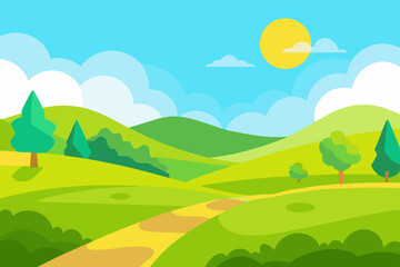 Obraz premium Sunny day landscape with rolling green hills and winding path