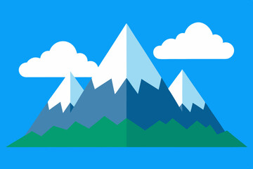 Stylized flat illustration of snow capped mountains under a bright blue sky with clouds